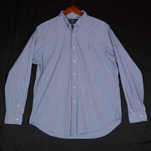 Ralph Lauren Button Down Shirt Men L Blue Striped Classic Fit Cotton Long Sleeve